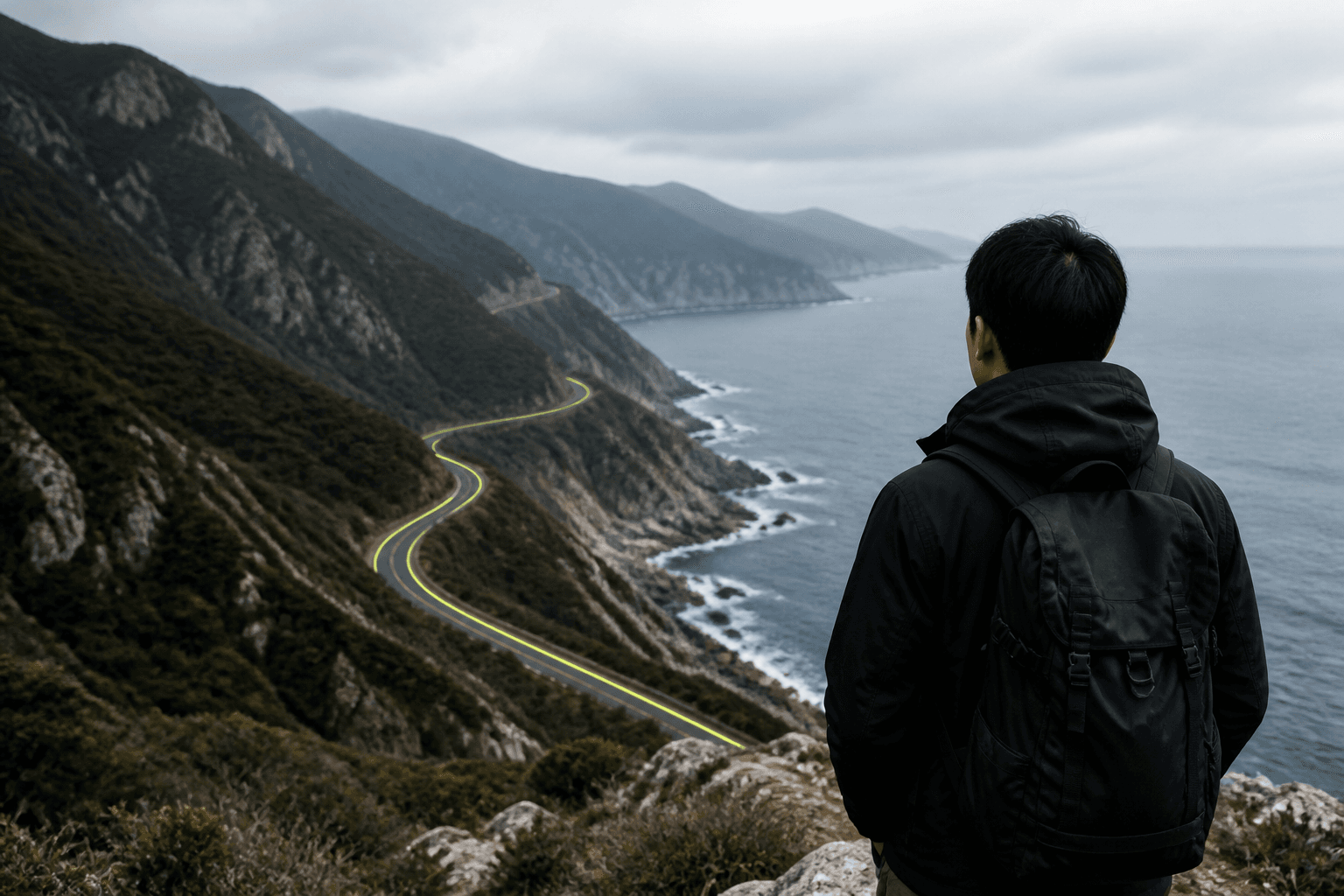 旅行者望向沿海公路,路线向远方延伸